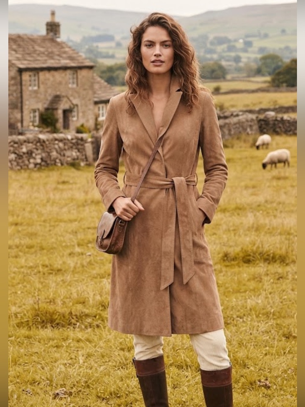 Theory Tan Suede Leather Belted Knee Length Coat | Luxe Minimalist